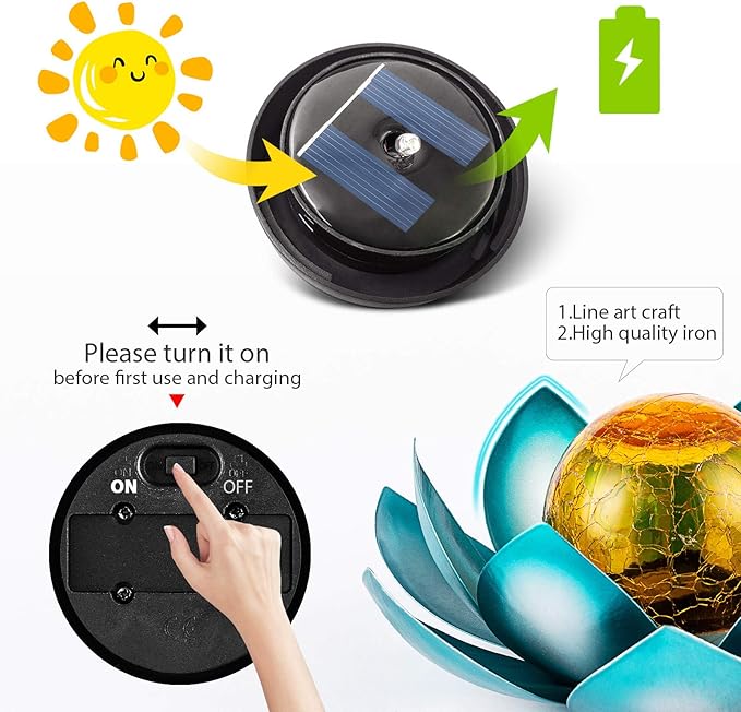 Solar Light Outdoor(2Pack), Art Crackle Globe Glass Lotus Decoration, Solar LED Waterproof Blue Metal Flower Lights for Patio,Lawn,Walkway,Tabletop