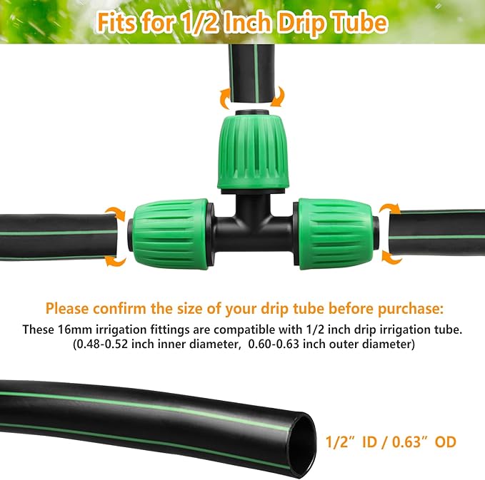 Drip Irrigation Fittings for 1/2 inch Tubing (0.60"-0.63" OD), 12 Pieces Barbed Tee Drip Parts Locked Tee Connectors, 3 Way Drip Line Nuts Connectors for 1/2" Drip Irrigation Hose (13mm ID)