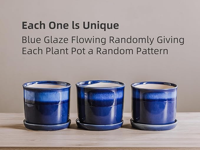 8 Inch Plant Pot: Ceramic Planter with Drainage Hole & Saucer - Gradient Blue Flowerpot for Indoor & Outdoor Plants with Separate Tray