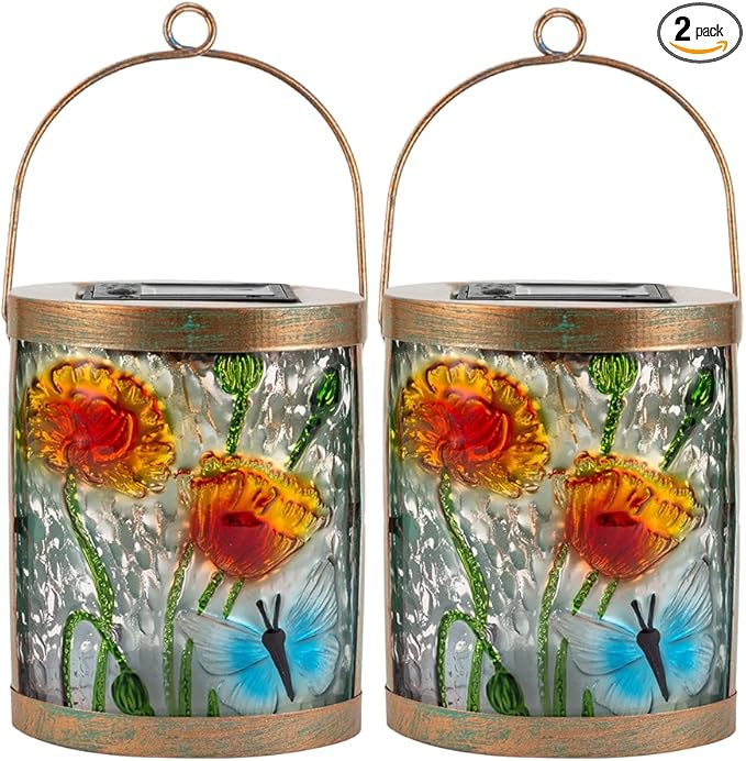 Starsoul 2 Pack Hanging Solar Lantern Outdoor Waterproof Glass Butterfly and Flowers Decorative Solar Lights for Outside Garden Yard Table Patio Decor