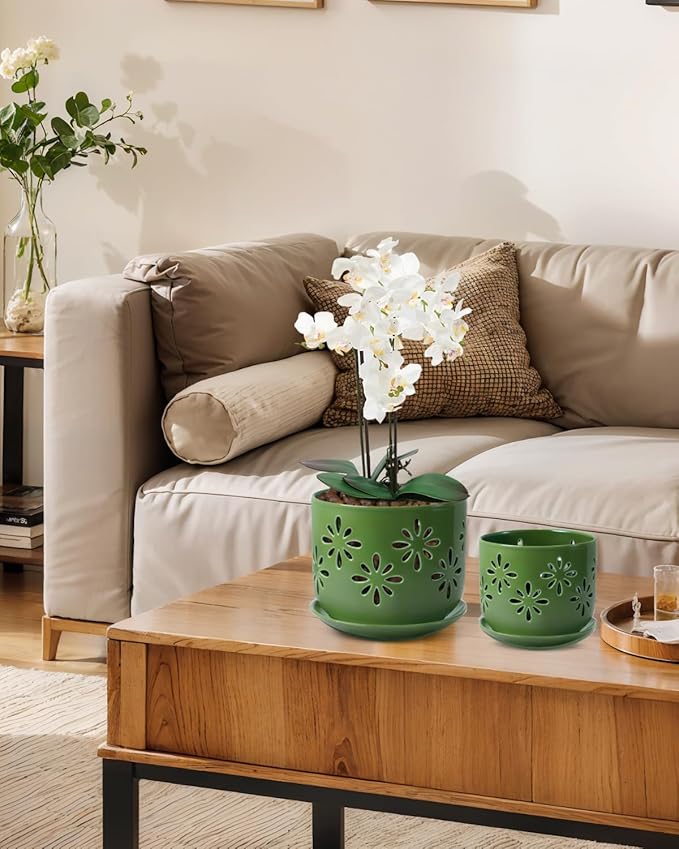 EFISPSS Orchid Pots with Holes,5+6 Inch Ceramic Plant Pots with Drainage Holes and Tray,Enhanced Drainage and Ventilation,Flower Pots for Indoor/Outdoor Plants for Repotting - Green
