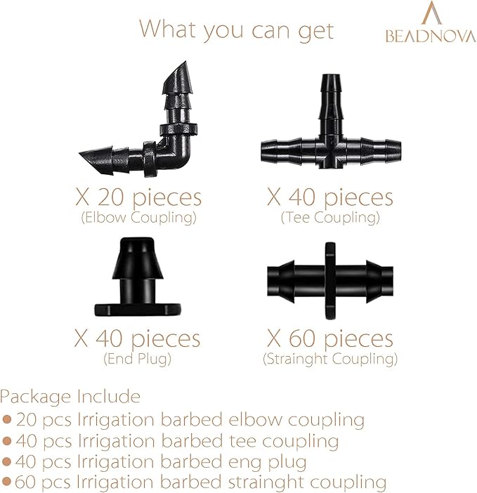 BEADNOVA Drip Irrigation Connectors 160 Pcs Mix 1/4 Inch Barbed Connector Tees Elbows Straight Couplings Drip Line Plugs Irrigation Connectors for 1/4 Inch Drip Tubing Water Tubing Gardening