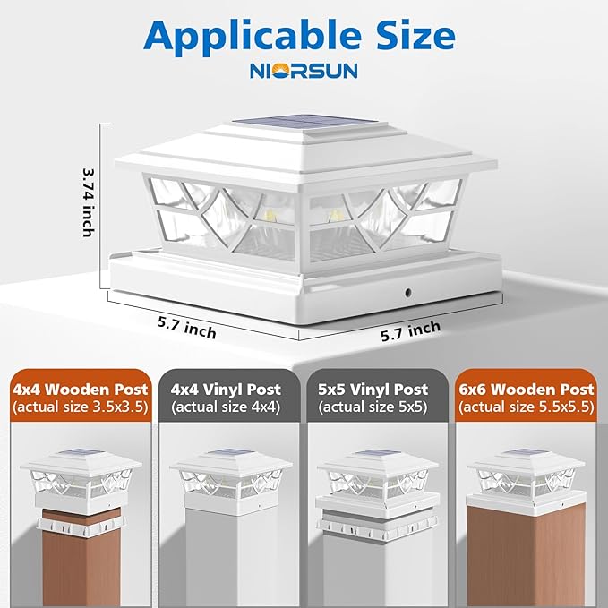 NIORSUN Solar Post Lights Outdoor 4 Pack, 2 Modes LED, Deck Fence Post Solar Lights for 3.5x3.5 4x4 5x5 5.5x5.5 Caps Patio Garden Decoration, White