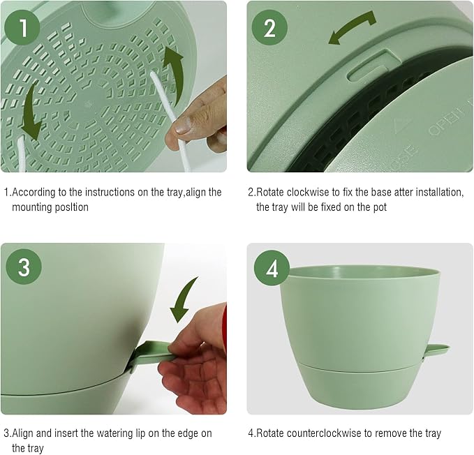 WOUSIWER 10 inch Self Watering Planters, 2 Pack Large Plastic Plant Pots with Deep Reservior and High Drainage Holes for Indoor Outdoor Plants and Flowers, Green