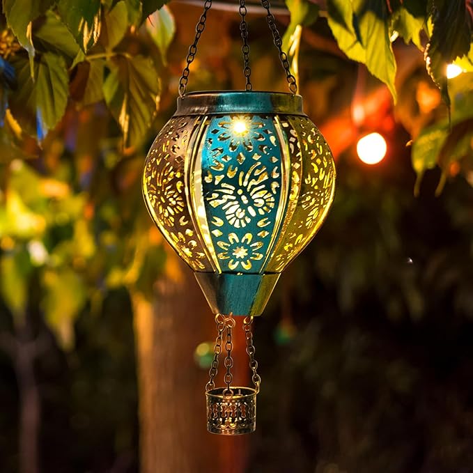 pearlstar Butterfly Lantern Outdoor Solar Hanging Hot Air Balloon Lantern Waterproof Solar Light Decorative for Porch Shed Fence Patio Yard Garden Lighting, Gardening Gift for Women Mom