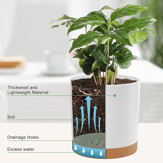 Plant Pots – 7/6.5/6/5/4 Inch Plastic Planters with Drainage Holes and Saucers, Flower Pots for Indoor and Outdoor Plants (White)