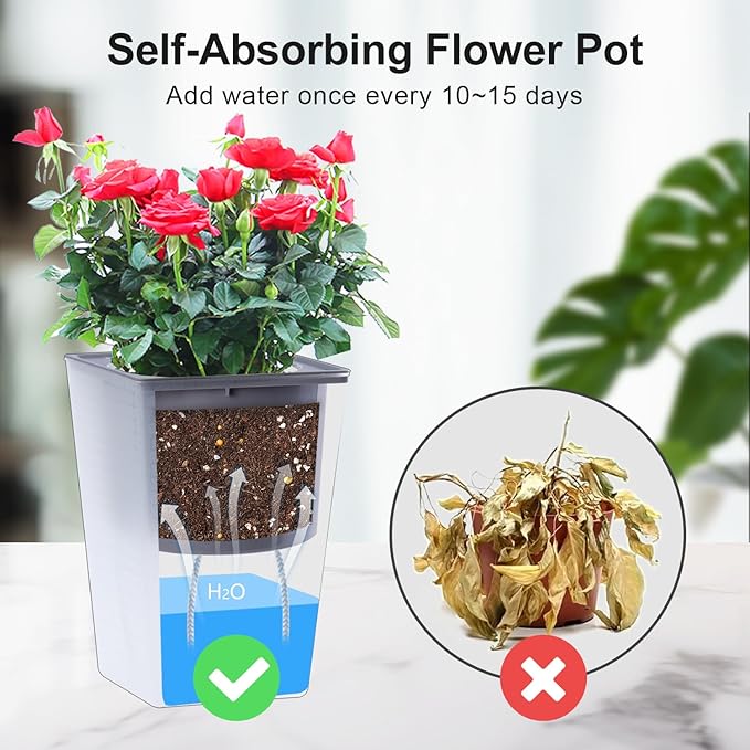 Self Watering Planter 2 Pieces 6 Inch, Plastic Flower Pots with Inner Pot Indoor Plants Brick Pattern Flowerpot for Indoor Plants, African Violets, Flowers, Herbs (Hazy White)