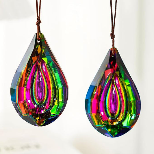 HDCRYSTALGIFTS Set 2 Crystal Prisms Suncatchers for Windows,76mm Rainbow Sun Catcher Glass Hanging Prisms Suncatcher Pendant for Home Garden Decor (Single Face Colorful)