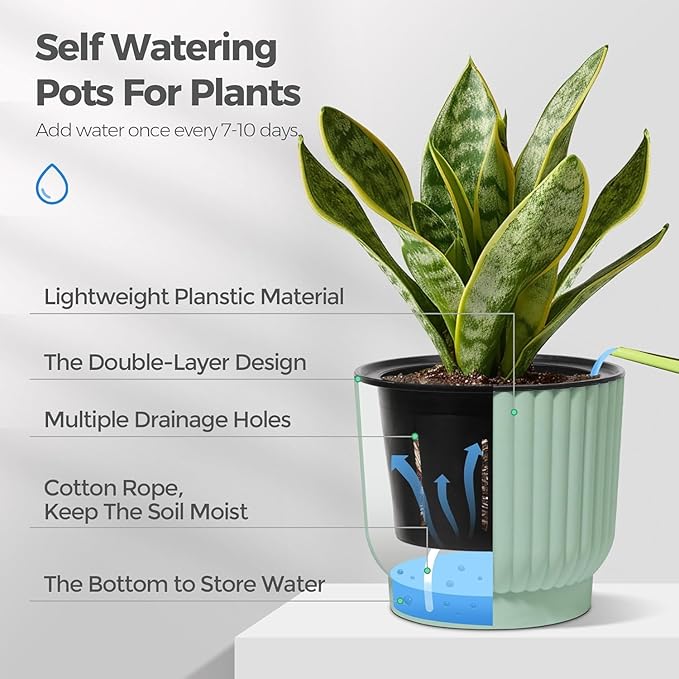 T4U 6 Inch Self Watering Pots for Indoor Plants, 6 Pack Planters for Indoor Plants, Durable Plastic Mint Green Pots for Indoor Plants, African Violets, Flower