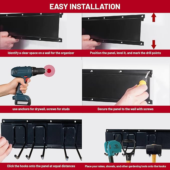 Ohana Love Garage Tool Organizer Wall Mount With Gardening Gloves - Adjustable Garden Tool Organizer for Garage with 9 Heavy Duty Snap On Hooks, 3 Rails, 2 Cable Storage Hooks Broom holder wall mount