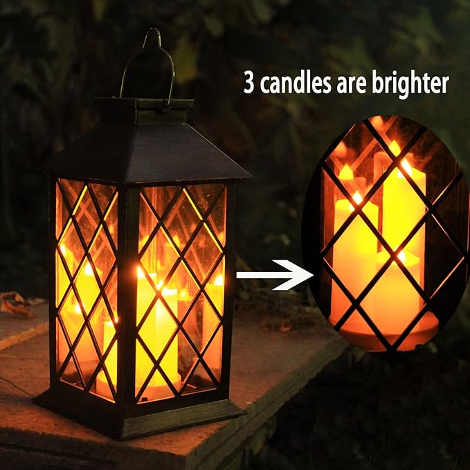 Solar Outdoor Lantern, Garden Hanging Waterproof Lanterns PVC Upgrade 3 LED Flickering Flameless Candle Decorative for Garden Women Mom Grandma Halloween Gifts (Grid Candle)