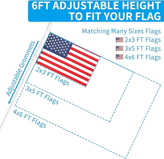 ZMTECH Flag Pole with Solar Light - Adjustable Bracket, 6 FT Stainless Steel Flag Poles for Outside House, Garden or Yard, Tangle Free Flagpole Kit for American Flag (Without Flag, White)