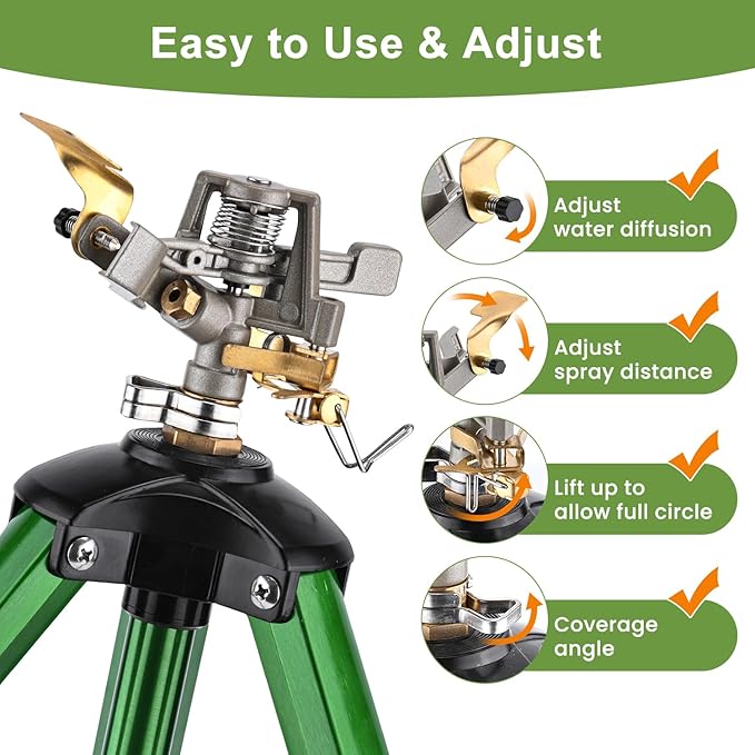 Impact Sprinkler on Tripod Base, 2 Pack Lawn Sprinkler for Yard 360 Degree Large Area Water Sprinkler for Lawn Heavy Duty Garden Sprinkler with 3/4 Inch Connector Extension Legs Flip Locks