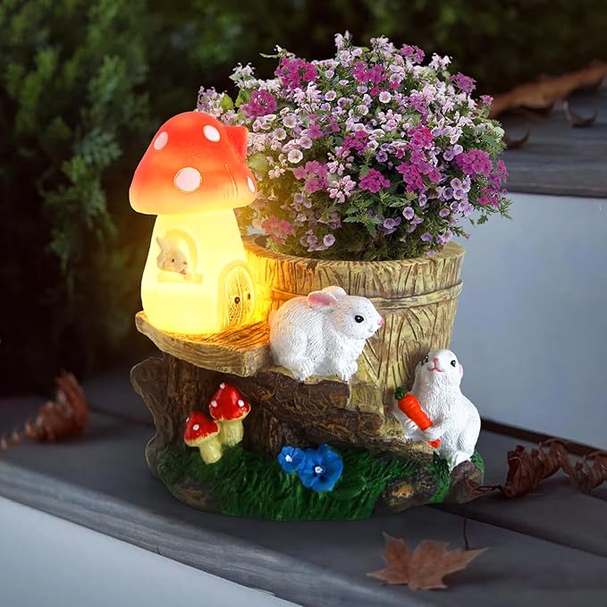 Garden Rabbit Statue,Resin Rabbit Figurine with Solar LED Light,Flower Pots Planters Pots for Succulent,Bunny Statue for Patio Balcony Yard Lawn Decor,Unique Gift for Dad Mom Grandma