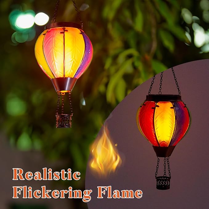 Solar Hot Air Balloon Lantern with Flame Outdoor Lights, Solar Lantern Gardening Gifts for Mom Grandmom, Hanging Hot Air Balloon Lights Outdoor Waterproof Decor for Patio