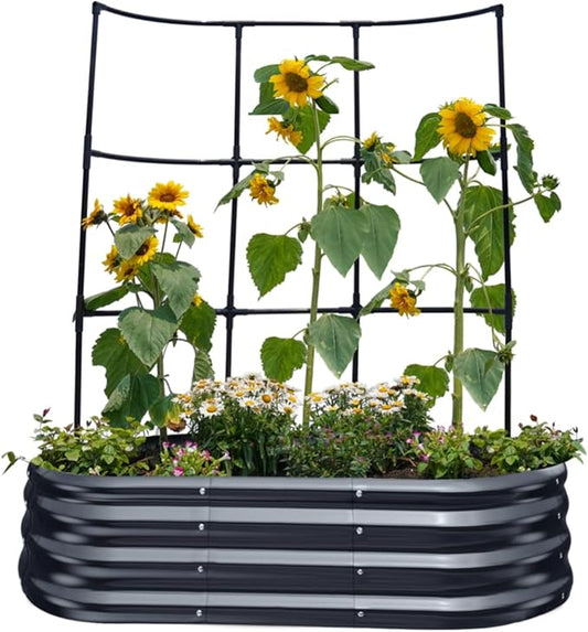 KING BIRD Raised Garden Bed with Wall Trellis Galvanized Planter Garden Box Outdoor for Gardening, Climbing Vegetables, Flowers 3.94x2.95x0.98 Ft, Dark Grey