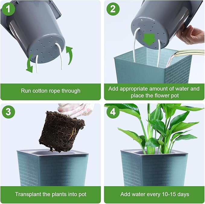 Self Watering Planter 4 Pieces 6 Inch, Plastic Flower Pots with Inner Pot Indoor Plants Brick Pattern Flowerpot for Indoor Plants, African Violets, Flowers, Herbs