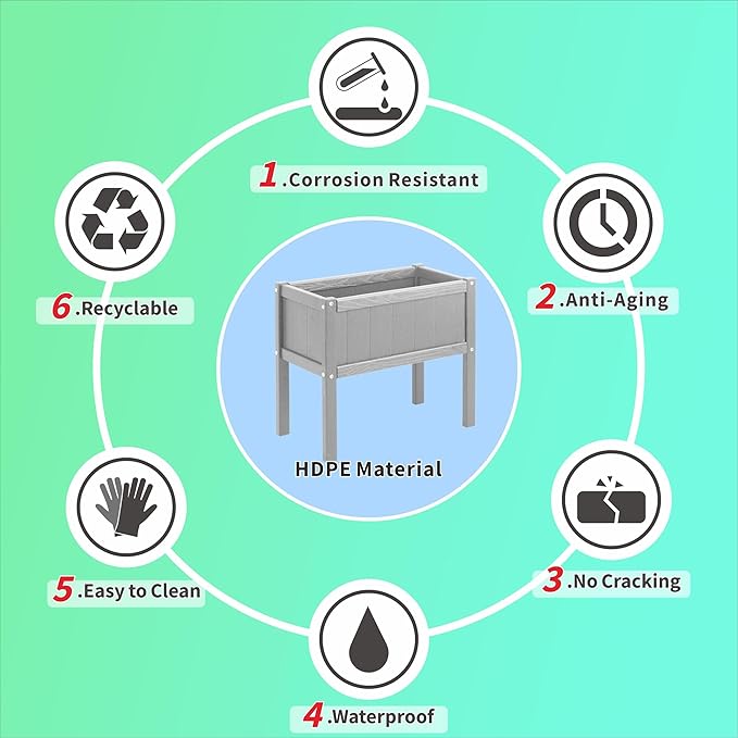 Raised Garden Bed with Drainage Hole Waterproof HDPE Elevated Planter Box with Legs Stable and Durable to Plant Herb Vegetable Flower,Patio,Balcony Outdoors/Indoors Gray