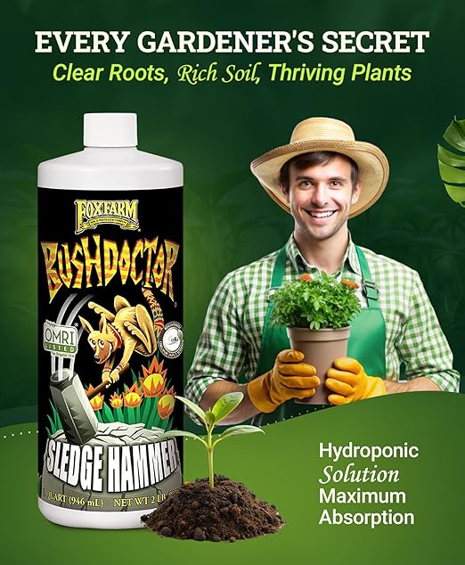 FoxFarm BushDoctor Sledgehammer - Rinse Formula with Yucca Saponin, Clears Fertilizer Buildup, Enhances Root Moisture Absorption - Perfect for Hydroponic and Soil Application (Quart)
