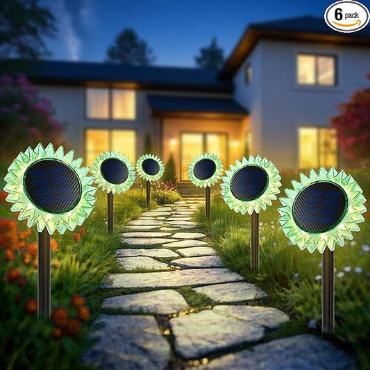 Outdoor Solar Lights, 6 Pack Led Solar Sunflower Lights, Stake/Wall 2-in-1 Waterproof Solar Garden Lights for Yard, Landscape, Fence, Patio, Driveway, Pathway, Backyard Decoration (Warm White)