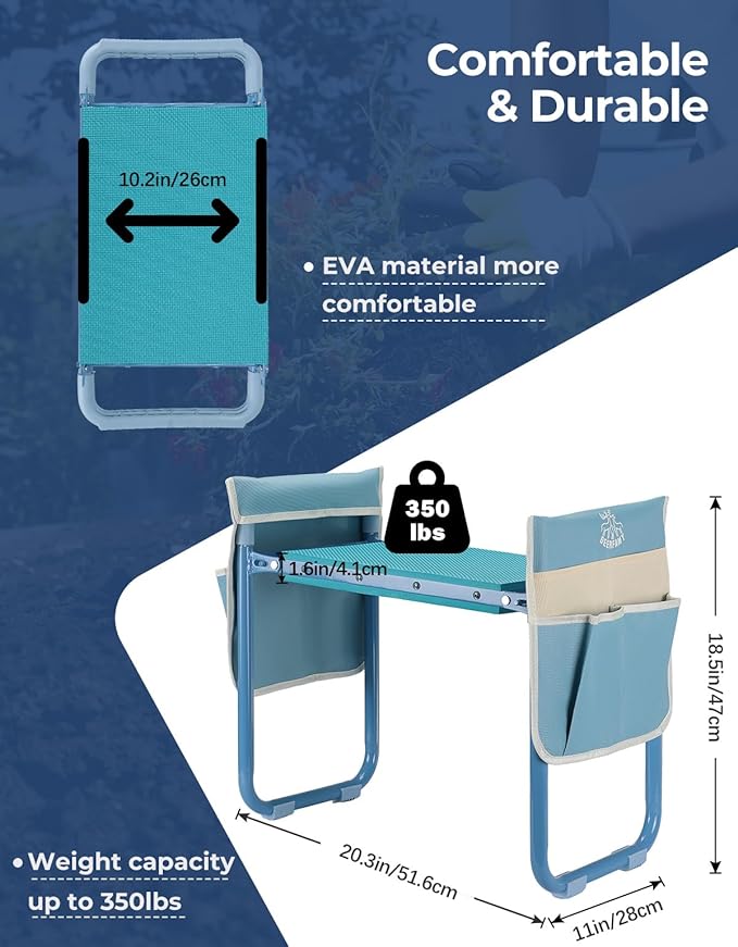 DEERFAMY Garden Stool 10.2" Width, Garden Kneeler and Seat Load Cap 350 lbs, Gardening Gift Heavy Duty with Extra Kneeling Pad, 2 Tool Pouches, Claw Gloves, Blue