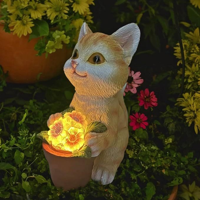 YODY Solar Garden Statues Outdoor Decor- Yard Decorations for Patio, Balcony, Backyard, Lawn Ornaments - Cat Statue with Flower Pot- Unique Cat Lover Gifts for Mom, Grandma, Women