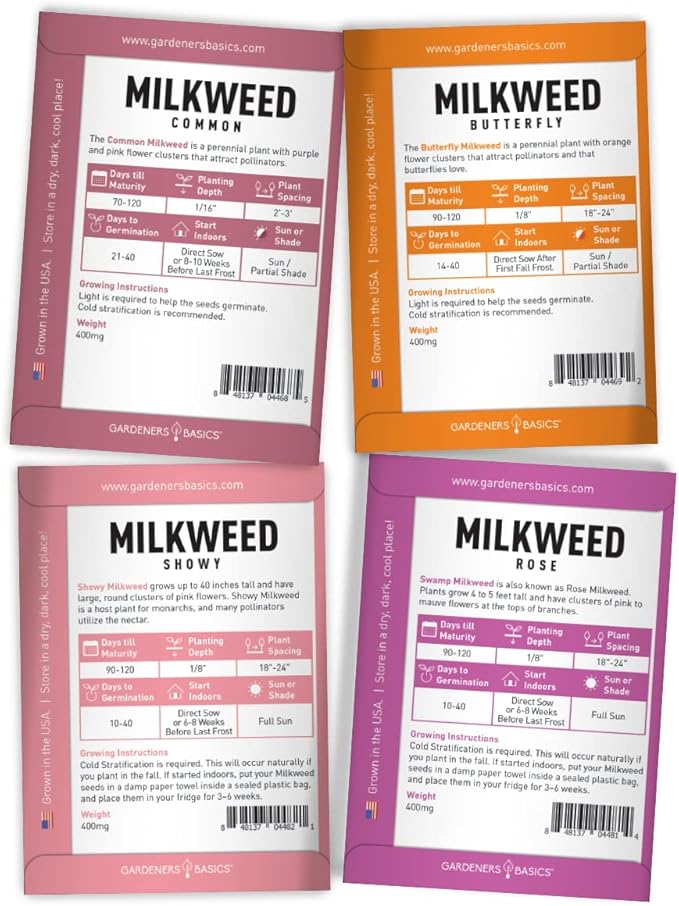 Gardeners Basics, Milkweed Seeds for Monarch Butterflies (4 Variety Pack) Common, Showy, Butterfly and Rose Varieties Attracts Butterflies, Bees and Pollinators Heirloom Flower Seeds Wildflower Seed