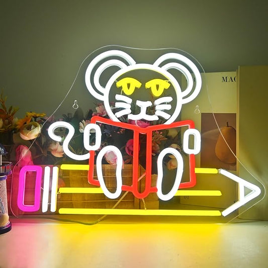 Pencil Mouse Neon Sign Mouse Book Reading Neon Lights for Wall Decor Dimmable Colorful Light Up Sign for Classroom Bookstore Library Bedroom Bookish Museum Teen Gifts (USB Powered 5V/2A)