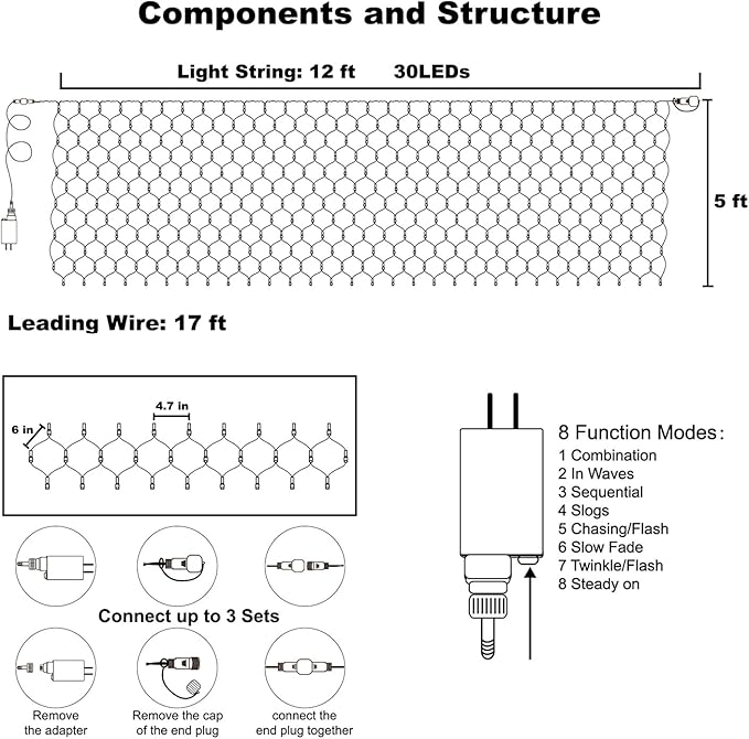 WATERGLIDE Outdoor Christmas Net Lights, 12FT x 5FT 360 LED Mesh String Light with 8 Lighting Modes, Connectable Waterproof Lights for Garden Tree Bushes, Holiday Wedding Party Decorations, White