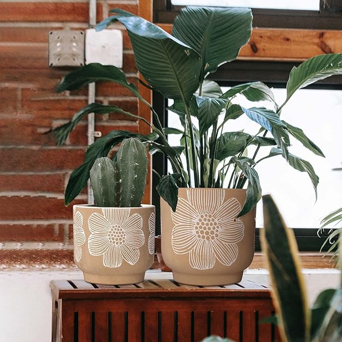 YBX 8 Inch + 6 Inch White Flower Pattern Plant Pots, Sand Glazed Ceramic Planter with Drainage Hole, Flower Pots for Indoor Plants, Tan & White