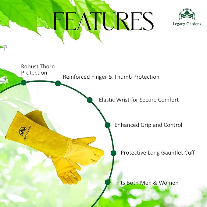 Thorn Resistant Leather Gardening Gloves for Men & Women – Long Gauntlet Rose Pruning Gloves with Forearm Protection for Pruning and Yard Work (Medium, Yellow)
