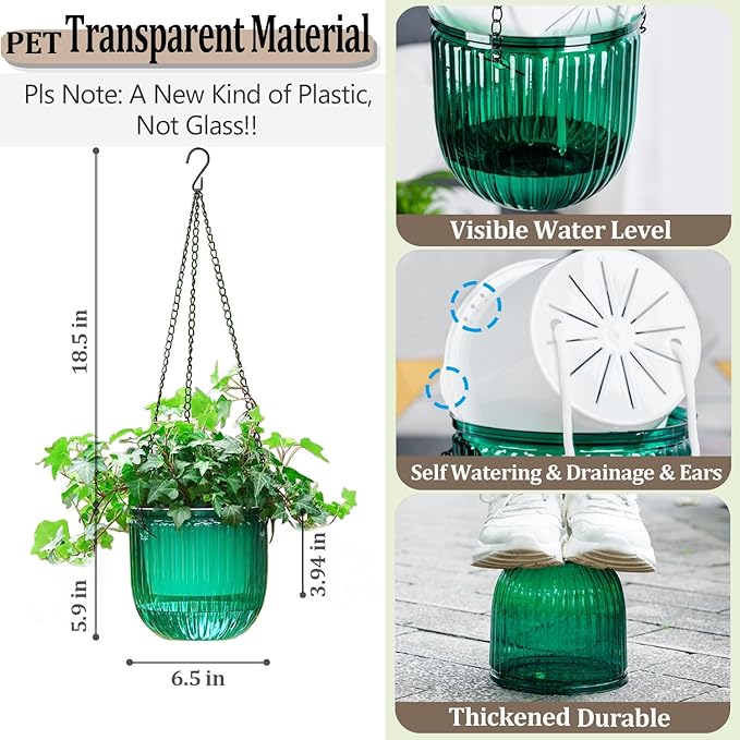 Melphoe 2 Pack Self Watering Hanging Planters Indoor Flower Pots, 6.5 Inch Outdoor Hanging Plant Basket, Hanger with 3Hooks Drainage Holes for Garden Home (Emerald + Gray)
