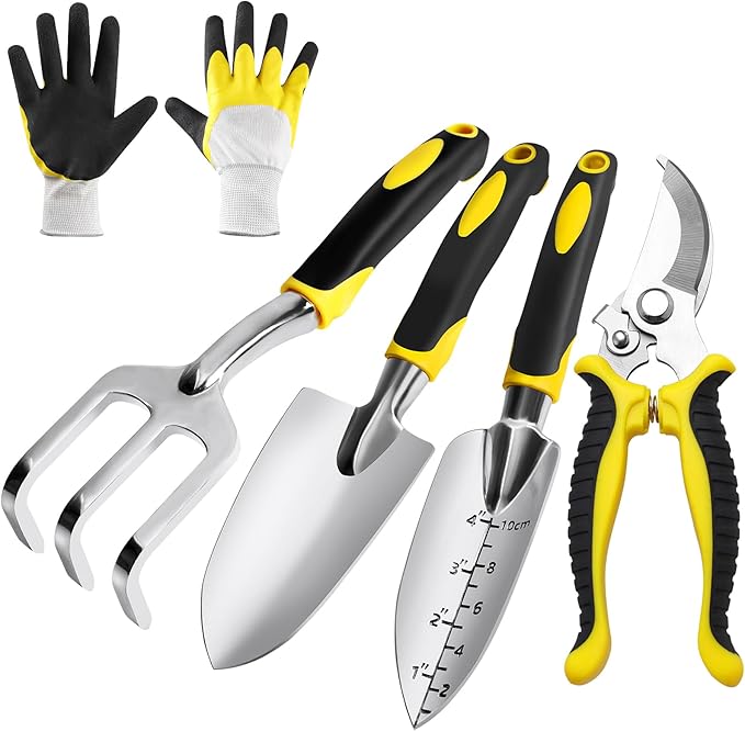 Garden Tools Set, 5 Pcs Gardening Tools with Non-Slip Rubber Grip, Including Transplanting Spade, Trowel, Cultivator, Pruner and Gardening Gloves, Ideal Garden Kit Gifts for Parents and Kids
