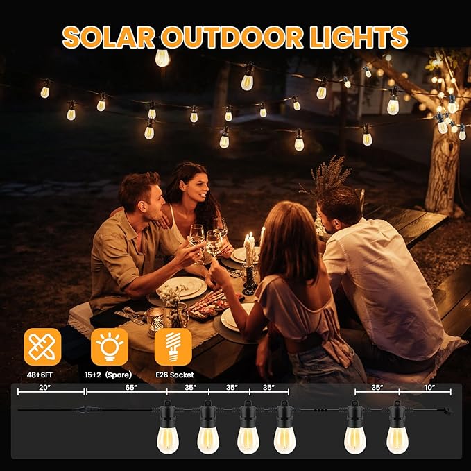104FT(98+6) Solar String Lights Outdoor Waterproof, Solar Powered Patio Light with 30+2 Dimmable S14 Edison Bulbs Shatterproof & Remote Control, Solar String Lights for Outside Garden Backyard