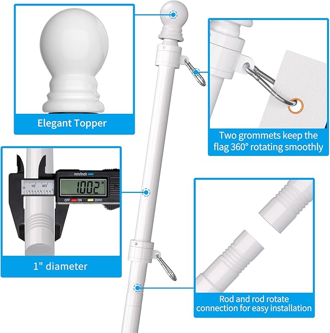 ZMTECH 2 Pcs 6 FT Flag Pole with Solar Light - Adjustable Bracket, Stainless Steel Flag Poles for Outside House, Tangle Free Flag Pole Holder Kit for American Flag (Without Flag, White)