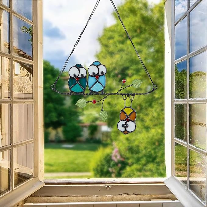 Stained Glass Birds,owl,Stained Glass Window Hanging,Multicolor Owls on The Living Tree with Green Leaf and red Berries,Bird suncatcher for Windows Room Home,Bird Deco,Gift for Mom,and Bird Lovers.
