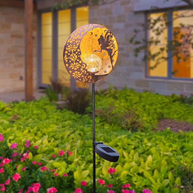 Tryme Solar Fairy Garden Lights - Moon Star Glass Globe Pathway Stake, Waterproof Outdoor Decorative Lights for Patio, Yard, Lawn