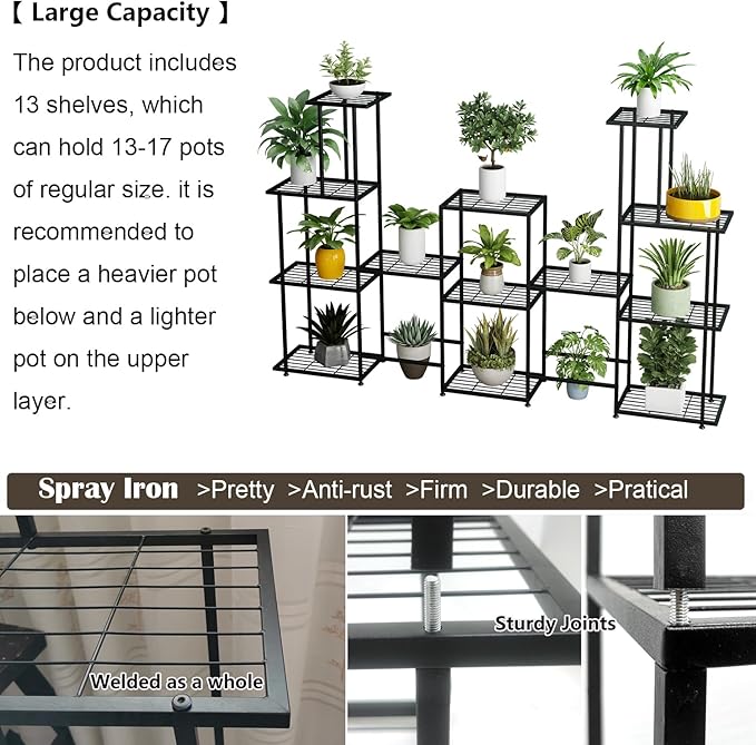 Tall Multi Tier Plant Stand, 13 Tiers Multifunctional Plant Stands for Indoor Plants, Decorative Black Steel Plant Shelf for ontdoor Patio Garden Balcony and Yard