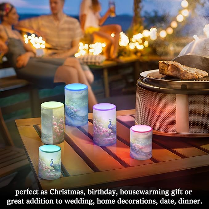Flickering Flameless Candles, Peacock Flowers LED Candles with Remote Timer, Set of 2 Battery Operated Candle for Valentine Wedding Birthday