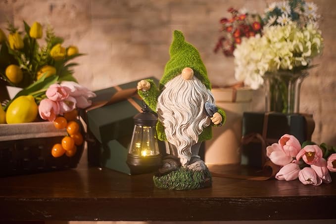 TERESA'S COLLECTIONS Christmas Outdoor Statue for Home, Resin Gnome Decorations with Solar Outdoor Lights for Garden Decor,Green Garden Sculptures & Statues for Front Patio Lawn, Gifts for Mom,12"