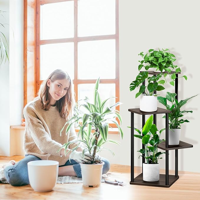 4 Tier Wood Tall Plant Stand Metal Rack Indoor, Multiple Flower Pot Holder Shelves Corner Rack, Planter Shelf Display Rack Storage Organizer for Patio Living Room Balcony Garden(Black Oak)