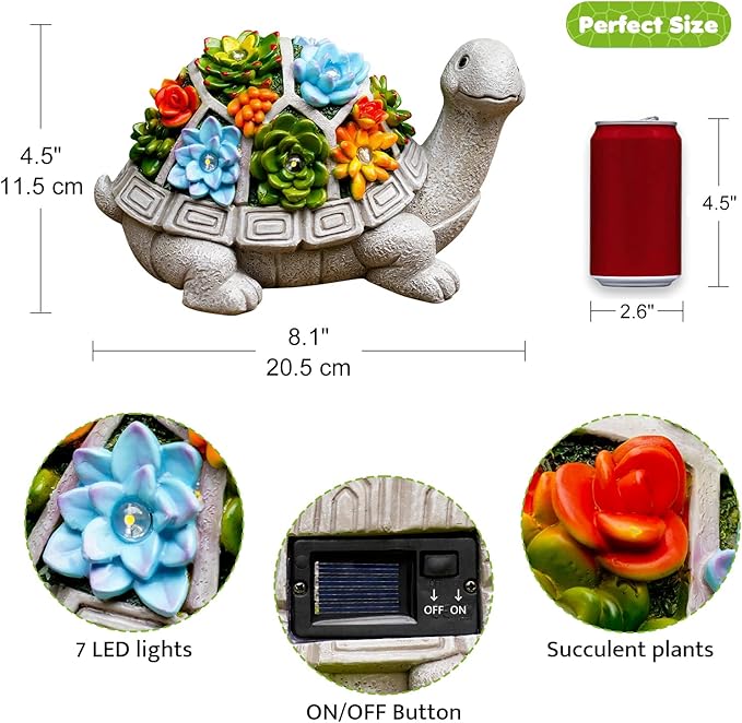 Solar Garden Turtle Statue - Turtle Decor with 7 Warming Solar LED Lights, Outdoor Decorations for Yard Patio Lawn & More, for Women, Moms, Birthdays or Turtle Lovers