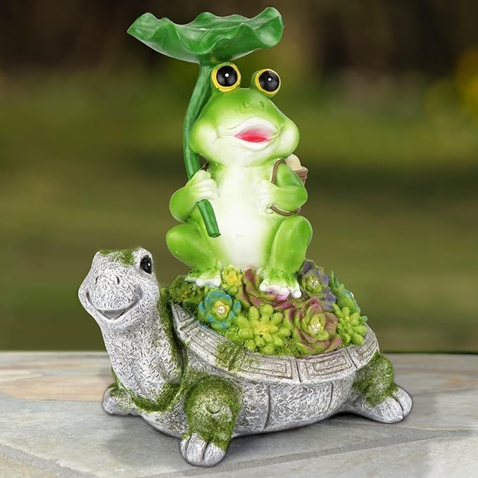 Solar Garden Statues Garden Decor Figurine Lights for Outside,Frog Gardens Statue,Fairy Garden Accessories,Valentine's Day Gift,Lawn Decor Tortoise Statue for Patio,Balcony,Yard Ornament