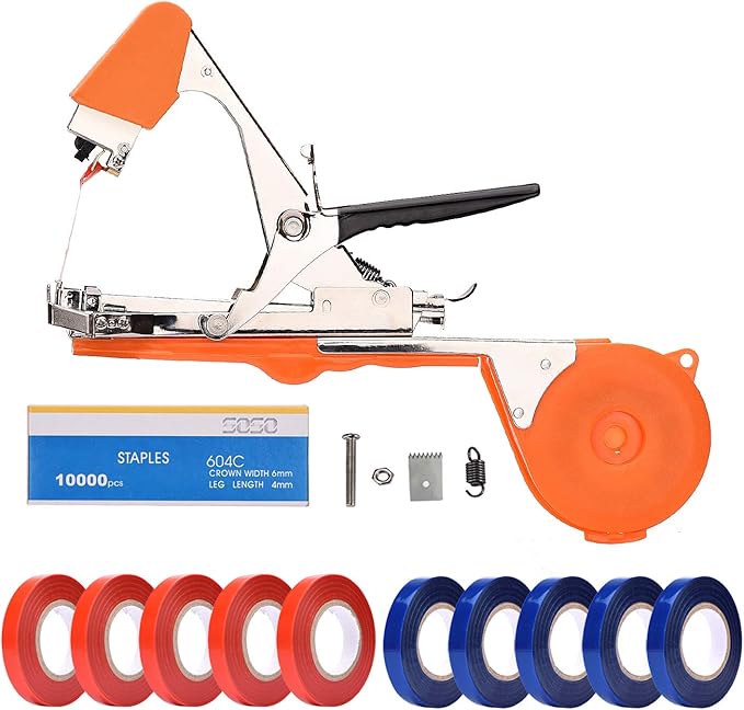 FUNTECK Plant Tying Machine to Tie Tomatoes Peppers and Cucumbers Quickly and Easily, Great for Gardeners Farmers, Including Spare Parts, Tapes and Staples, Orange