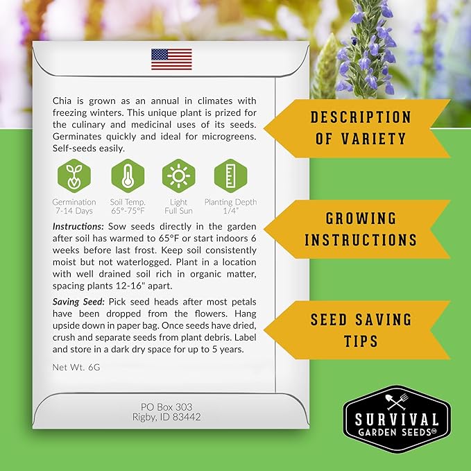 Mexican Chia Seed for Planting - 1 Packet with Instructions to Plant and Grow Mexican Chia in Your Home Vegetable Garden - Non-GMO Heirloom Variety - Survival Garden Seeds