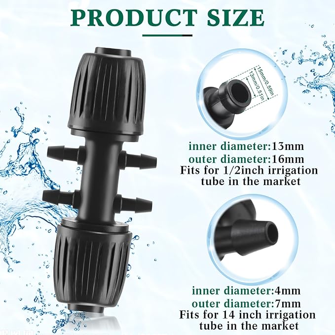 32 Pcs Barbed Tee 1/2 Inch to 1/4 Inch Irrigation Tube Irrigation Diverter Drip Tape Adapter (0.6-0.63 OD) 16mm PE Pipe Lock Female Connector to 47 Pipe Variable Diameter Six-Way Adapter