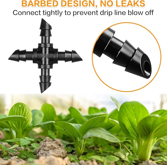 Drip Irrigation Cross Fittings：45 Pieces Barbed 4-Way Cross Irrigation Parts with Sharp End Fits for 1/4 Inch Drip Irrigation Tubing Drip Line Cross Tee Connectors for Garden Lawn
