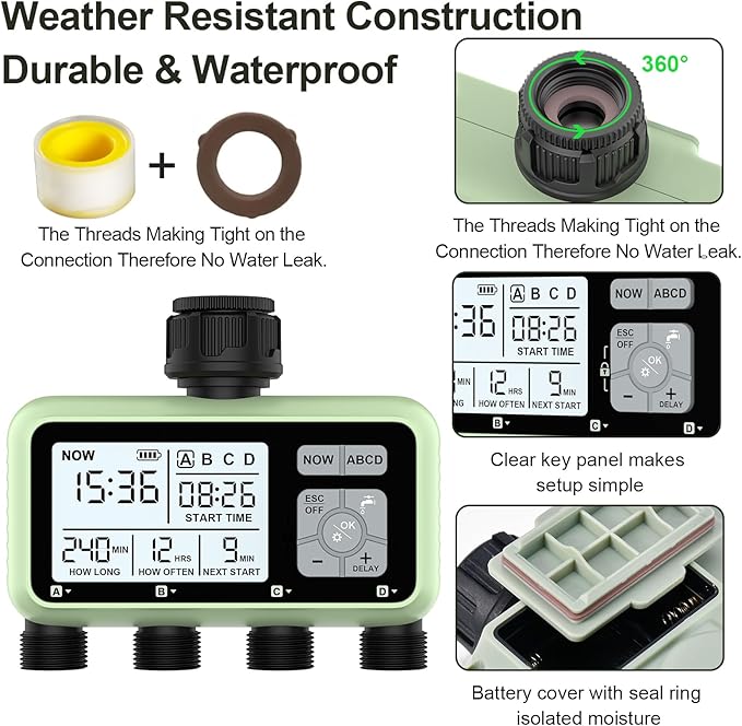 4 Outlet Sprinkler Timer, XinFuture Water Timer, Programmable Garden Hose Timer with Rain Delay, Manual& Automatic Watering System, Waterproof Digital Irrigation Timer for 4 Separate Water Zones