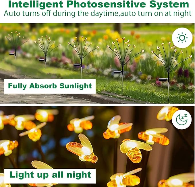 32 LED Spring Bee Garden Lights Solar Powered Honeybees Outdoor Decorations Swaying Lights Waterproof Solar Firefly Landscape Lights Warm Yellow for Pathway Yard Lawn Patio Walkway Courtyard(4Pack)