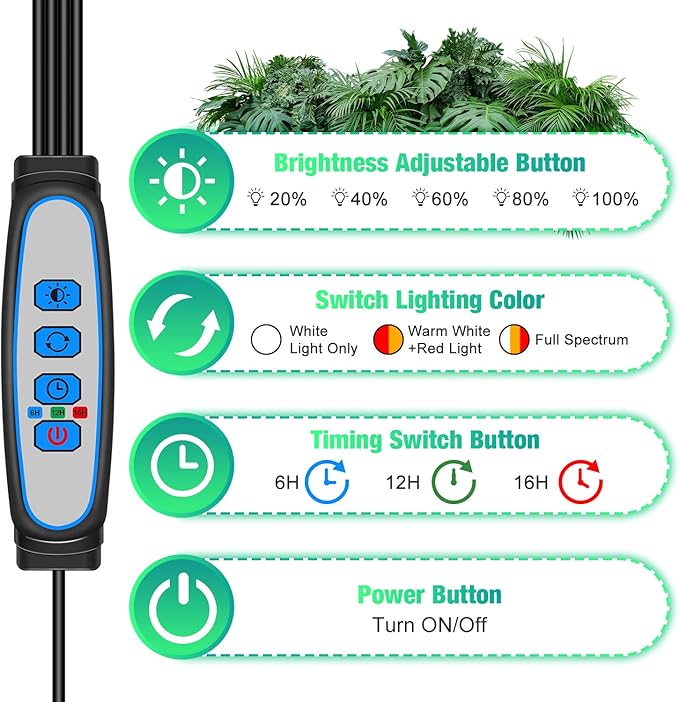 Wolezek Grow Lights for Indoor Plants, 80 LED 4 Heads Full Spectrum Grow Light with Clip, Plant Light with 5000K 3000K 660nm LED Chips, Auto Timer 6 12 16 Hrs, Grow Lamp for Seed Starting